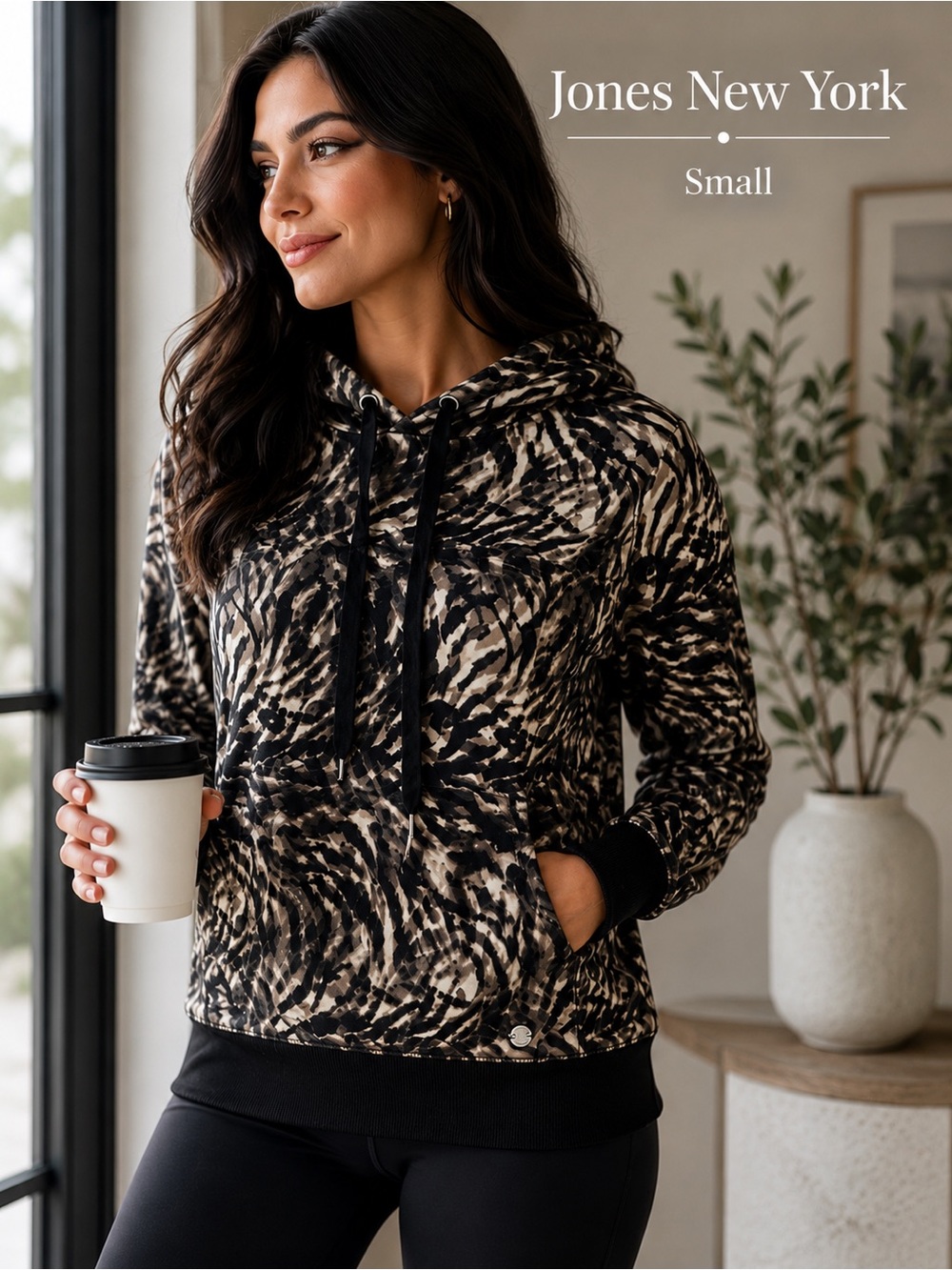 Jones New York Sport Animal Print Hoodie Small Lightweight Athleisure Pullover